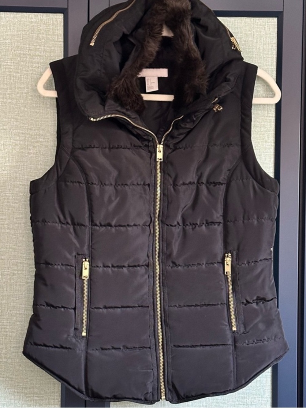 H&M Puffer Vest with Fur Collar + Hidden Hood, Black with Gold Hardware, Size S